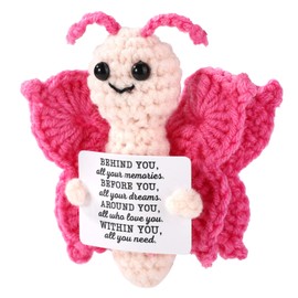 TOYMIS Crochet Butterfly, Handcrafted Knitted Positive Support Butterfly with Positive Message Card Funny Inspirational Doll Suitable for Family Friend (Rose Red)