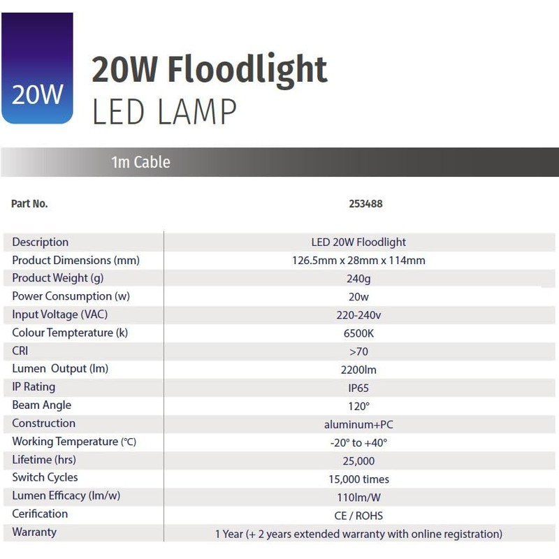 Bright Source LED Floodlight, IP65, 20W, 2200lm, 120° Beam Angle,