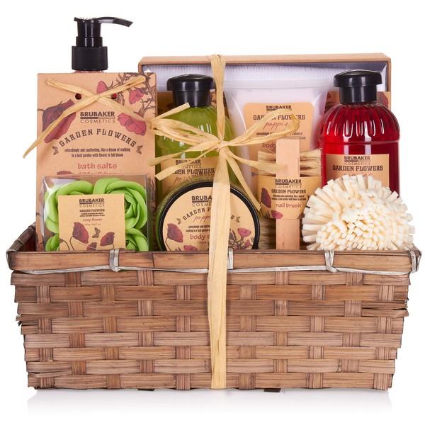 BRUBAKER Cosmetics Home Spa Gift Set - Garden Poppies Flowers - 14 Pcs Bath & Body Gift Basket for Women and Men