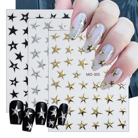 Shiny Star Nail Art Stickers,Luxury Star Nail Decals 3D Self-Adhesive Black Gold Silver Stars Crystal Design Pegatinas Uñas Irregular Pentagram Nail Sticker for Women Girls Manicure Decoration(3pcs)