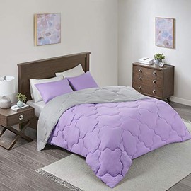 Comfort Spaces Vixie Reversible Comforter Set-Modern Geometric Quaterfoil Cloud Quilted Design All Season Down Alternative Bedding, Matching Shams, Twin/Twin XL(66"x90"), Lavender,CS10-0993