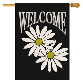 Qinqingo White Daisy Welcome House Flag 28x40 Inch Vertical Double Sided Black Burlap Summer Floral Seasonal Outside Décor for Yard Lawn Farmhouse Large Garden Flag (HL14)