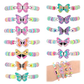 Thinp 12 Pcs Kids Bracelet for Girls Butterfly Bracelets Jewelry Party Favors Friendship Adjustable Multicolor Braided Inspirational Bracelets for Carnival Prizes Goodie Bag Classroom Reward