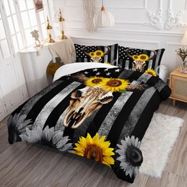 AILONEN Bull Skull Comforter Set Queen Size,Camo American Flag Bedding Set for Boys Kids Men,3 Pieces Yellow Sunflower and Cow Skull Bed in a Bag,Bull Skull Quilt with 2 Pillowcases