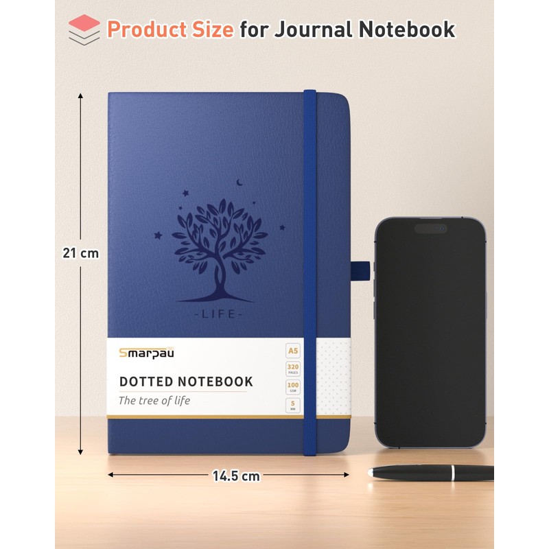 Smarpau Bullet Dotted Journal A5, Hardback Notebook with 320 Pages
