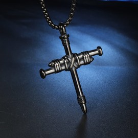 HIJONES Nail Cross Necklace for Men s Stainless Steel Cross Pendant with Chain Black