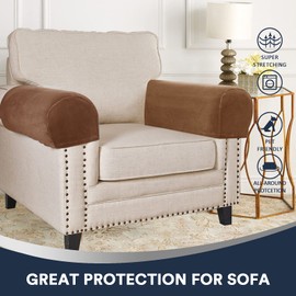 Sofa Armrest Covers Stretch Velvet Plush Arm Covers for Chairs and Sofas Anti-Slip Couch Armrest Covers with Sticker Furniture Armrest Protector for Sofa Couch Chair Recliner, Set of 4, Camel