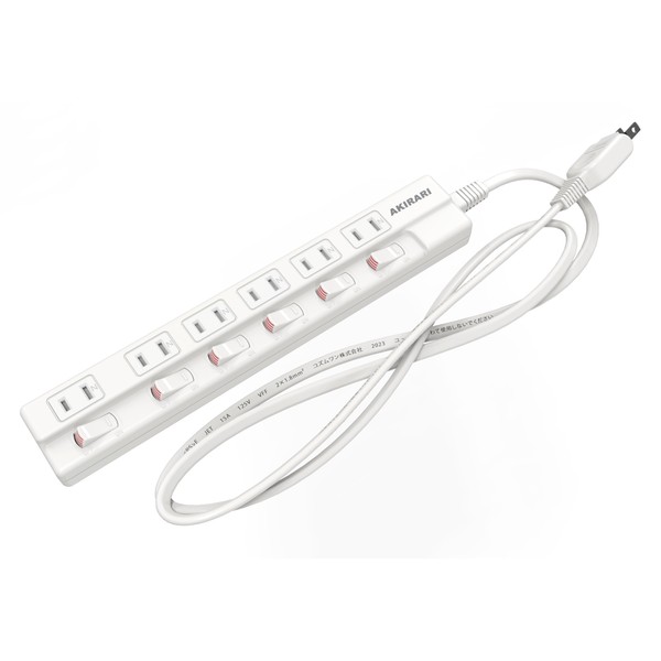FUMITAKE Power Strip 1500 W, Lightning Guard, No Lighting, Individual Switch, Energy Saving, 6 Outlets, 6.6 ft (2 m), 3.3 ft (2 m), Dust Shutter, White, Swing Plug, Wall Hanging, Fire Prevention, Outlet, Extension Cord, Table Tap, OA Tap, Octopus Outlet,