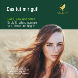 VITACTIV Biotin Zink Selen - Haut Haare Nägel Tabletten, Hochdosiert mit 10000 mcg Biotin pro Tagesverzehr - Herstellung in Deutschland, Laborgeprüft - Vegan, Zuckerfrei - 365 Stück, Jahresvorrat