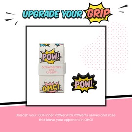 Strawberrries and Cream Playful Overgrip for Tennis Racket, 2 Tennis Racket Grips & 1 Dampener Set, Tacky Texture Tennis Wrap Grip Tape Pink - POW Collection