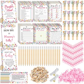 Sherr 476 Pcs Wildflower Baby Shower Games 6 Sets Activities Card Pacifier Hunt Game 50 Pacifier How Big Is Mommy's Belly Sign 50 Guessing Card 2 Measuring Tape Don't Say Baby Sign 50 Clothespin