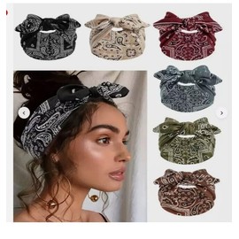 Womens Bow Headband, Elastic Hair Wrap, Wide Knotted Style (Grey Paisley, One Size)