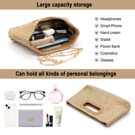 Long Keeper Straw Clutch Handbags - Women Top Handle Clutch Evening Bag Raffia Woven Summer Beach Purse Travel Crossbody Shoulder Bag with Chain (Khaki)
