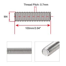 HiPicco M4 x 100mm Fully Threaded Rod & Studs, 304 Stainless Steel Right Hand Threads Rods, M4-0.7 Thread Pitch for Anchor Bolts, Clamps, Hangers and U-Bolts 6pcs 【with Nuts】