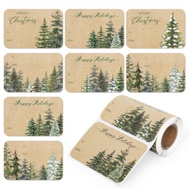 JarThenaAMCS 100Pcs Merry Christmas Kraft Gift Tag Stickers Watercolor Pine Tree Forest Blank Self-Adhesive Name Label Decals for Xmas Winter Holiday Present, 3 x 2 Inch