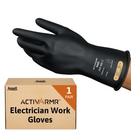 Ansell ActivArmr Electrician Work Gloves, Electrical Protection Class 00 (500V), Insulating Natural Rubber Latex Gloves, Industrial Safety PPE, 11 Inches, Black, Size M (1 Pair)