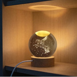 AOFEGRLT Unicorn Figurine Crystal Ball Lamp with LED Stand, 3D Laser Engraved Glass Sphere Decorative Balls Paperweight(60mm)