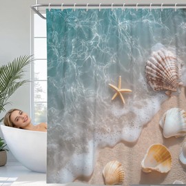 ChloropLastid Beach Ocean Themed Shower Curtain Sets for Bathroom, 72x72 Inch Hawaii Starfish Seashell Seashore Summer Coastal Seaside Washable Polyester Fabric Decorative with Hooks
