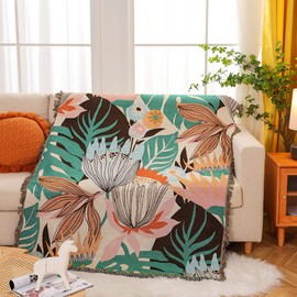 LumiSyne Double-Sided Cotton Woven Throw Blanket with Tassel Jungle Bohemian Style Tapestry Shawl Multi-Function Decorative Throws for Sofa Bed Armchair Camping Blanket Tablecloth Carpet 160x130cm