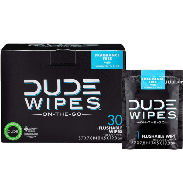 DUDE Wipes On-The-Go Flushable Wet Wipes - 1 Pack, 30 Wipes - Unscented Extra-Large Individually Wrapped Wipes with Vitamin E & Aloe - Septic and Sewer Safe