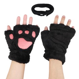 Mikovivi Cat Paw Gloves, Fingerless Furry Bear Animal Paws Cute Cosplay Costume Accessories Soft Furry Paw Gloves for Girls Women (Black)