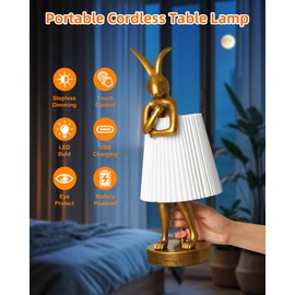JALVDE Bunny Rabbit Cordless Table Lamp – 5000mAh Rechargeable Battery Powered LED Night Light Cute Vintage Animal Desk Bedside Lamp with Linen Shade for Kids Room Nursery Home Decor Gift (White)