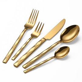 GDYCYC Gold Silverware Set, Luxury 20-Piece Flatware Set for 4, Cutlery Set Stainless Steel, Diamond Cut Pattern, Home, Wedding & Party, 18/10 Stainless Steel Tablewaret & Dishwasher Safe Utensils.