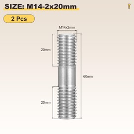 METALLIXITY Double End Threaded Stud Screw(M14 x 60mm) 2Pcs, Equal Thread Length Rods & Studs 304 Stainless Steel - for House Maintenance Craft Loom, Silver Tone