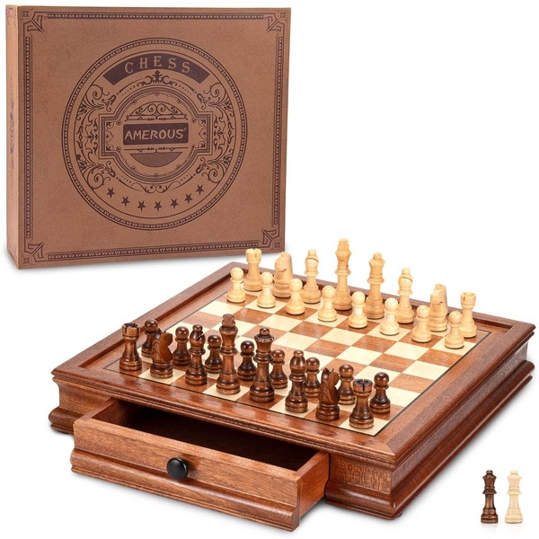 AMEROUS 12.5'' x 12.5'' Magnetic Wooden Chess Set, Chess Board Game with 2 Built-in Storage Drawers - 2 Bonus Extra Queens - Gift Packaging - Chess for Beginner, Kids and Adults