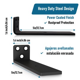 2 Pack Floating Shelf Brackets 5in, Heavy Duty Wall Mounted Shelf Brackets, L-Shaped Metal Shelf Support for Floating Shelves | Home Storage (Black)