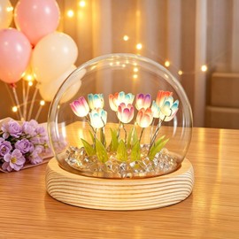 Tulip Flower Night Light,Decorative Everlasting flowers Table Lamp with Glass Dome, Artificial Flower Lamp,Perfect Mothers Day Birthday Gifts for Mom Women Wife Girls,Home Bedroom Living Room Decor