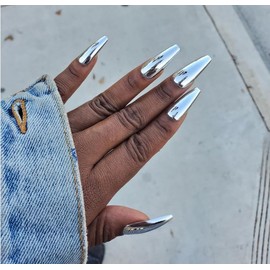iMABC Silver Punk Metallic Press On False Nails Long Coffin Ballerina Chrome Mirror Fake Nails Full Cover Acrylic Nail Tips with Glue Tape For Women And Girls