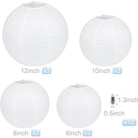LIHAO 10PCS White Paper Lanterns with Lights, Round Hanging Paper Lanterns Decorative Chinese Lanterns for Wedding Anniversary Birthday Party Home Decor(Size of 6”, 8”, 10”, 12”)