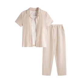 Verdusa Boy's 2 Piece Outfits Linen Set Going Out Outfits Button Up Shirt and Shorts Pants Set Beige 10Y