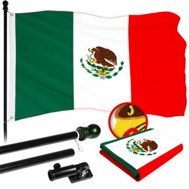 G128 Combo Pack: 5 Ft Aluminum Spinning Flagpole (Black) & Mexico Mexican Flag 2.5x4 Ft, ToughWeave Series Embroidered 300D Polyester | Pole with Flag Included
