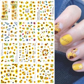 Nail Art Stickers Decals Sunflowers Yellow Daisy Flower Watermark for Designs Decoration Foil Manicure Tips (12in1)