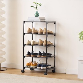LUCKY OCEAN 5-Tier Small Shoe Rack with Wheels, Slide-Out Metal Shoe Racks Storage, Anti-Rust Coating, Stackable Design - 16.9W for Entryway, Kitchen, Living Room & Office - Black