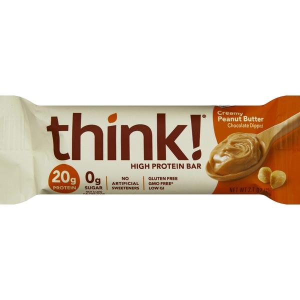 think!, High Protein Bars - Creamy Peanut Butter, 20g Protein, 0g Sugar, No Artificial Sweeteners, Gluten Free, GMO Free, 2.1 Ounce bar
