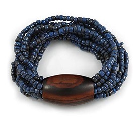 Avalaya Multistrand Denim Blue Glass Bead with Brown Wooden Bead Flex Bracelet - Medium