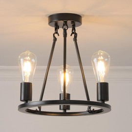 vivihobb Farmhouse Semi Flush Mount Ceiling Light Fixture,3-Light Black Industrial Wagon Wheel Light for Bedroom,Kitchen,Diningroom,Laundry Room,Entryway,Foyer,Hallway