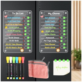 Acrylic Magnetic Erasable Chore Chart for Fridge for Kids, 2 Pack 8"X12" Magnetic Calendar Dry Erase Board to Do List for Refrigerator, Full Focus Planner with 20 Slider Magnets