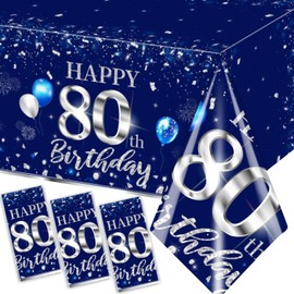 GREHUMOR 3Pcs 80th Birthday Tablecloth Decorations Sliver and Blue Table Cover Plastic 80th Happy Birthday Party Supplies for Men Women Disposable Waterproof Birthday Table Decorations…