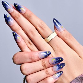 GLAMERMAID Press on Nails Almond,Ombre Blue Gel False Nails with Design,24 PCS Glue on Nails,Reusable Acrylic Stick on Nails Tips Manicure Set for Women,Undersea Moon