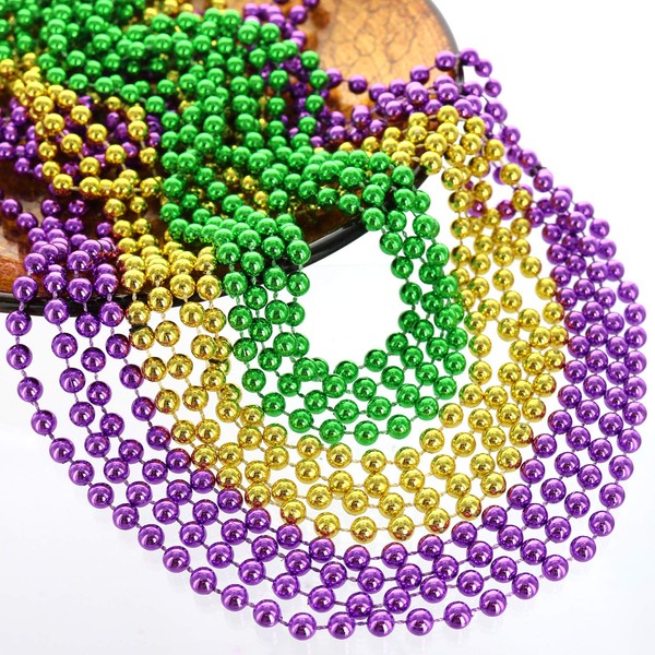 GIFTEXPRESS 72 pcs Bulk Mardi Gras Beads Necklace, 33" Multi Colors Carnival Necklaces for Christmas Party, St. Patrick's Day Costume Necklace, Assorted Metallic Colors in Gold, Green, Purple