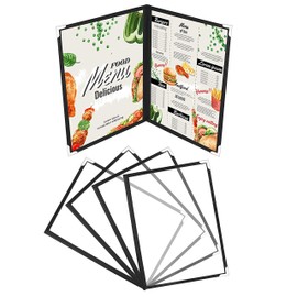 Belle Vous 5 Pack Double Fold A5 Menu Covers - 2 Fold Double View American Style Menu Holders - Black Foldable Clear Menu Covers with Corner Protectors - For Restaurants, Bars, Cafes, Food & Drink