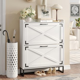 Maupvit Shoe Storage Cabinet with 2 Flip Drawers, Freestanding Organizer with Metal Legs for Entryway, Narrow Shoe Rack Cabinet, Black White