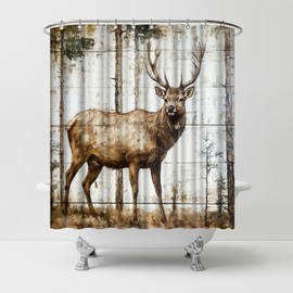 Conipit Rustic Deer Shower Curtain, Wildlife Elk with Forest Wood Plank Print, Brown, Farmhouse Style 72''x72'' with Hooks