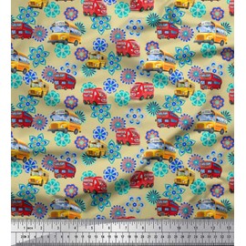 Soimoi Beige Viscose Chiffon Fabric Artistic Floral & School Bus Kids Printed Fabric 1 Yard 42 Inch Wide
