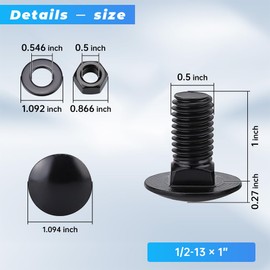 Glvaner (6 Sets) 1/2-13 x 1 Stainless Steel Carriage Bolts Screws Black and Hex Nuts & Flat Washers Black, Round Head Square Neck, 304 Stainless Steel 18-8, Full Thread Coverage