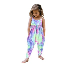 GLIGLITTR Toddler Baby Girl Jumpsuit One Piece Dinosaur Sleeveless Strap Romper Harem Pants with Pockets Summer Outfits Clothes (Purple Tie Dye, 12-18Months)
